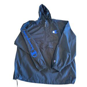 Champion Mens Black Pullover Jacket XL With Hood & Blue Logo Prints